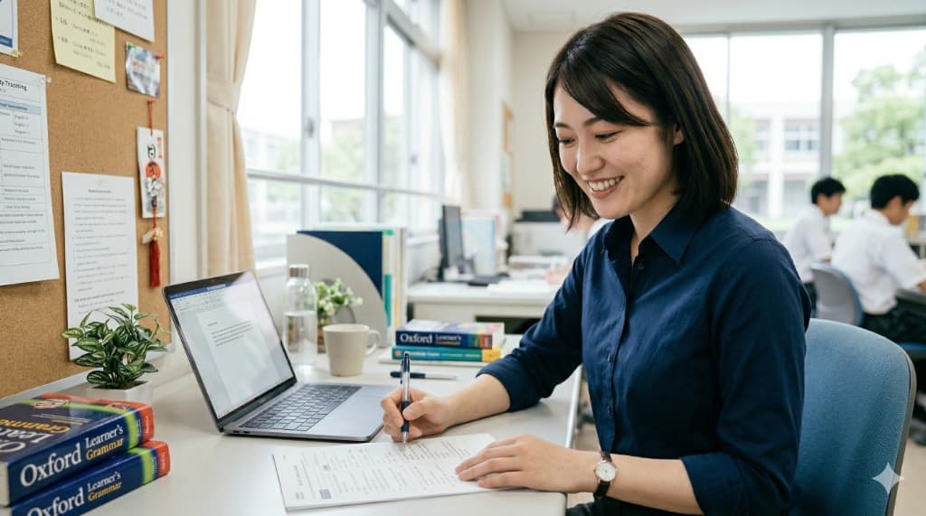 業務が整い笑顔で対応する教員のイメージ