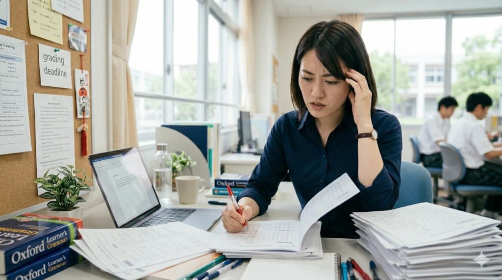 採点業務に追われる教員のイメージ